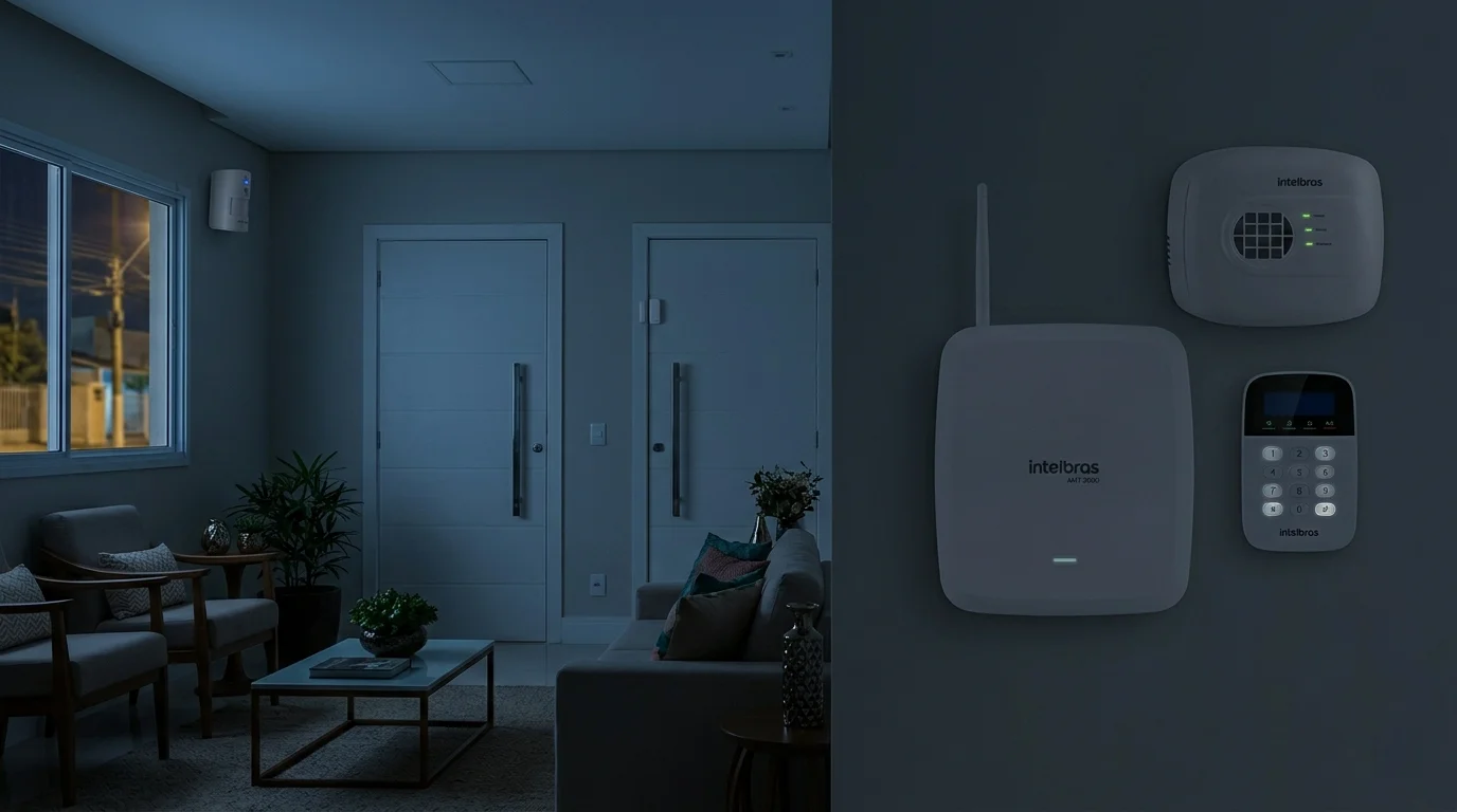 Central y teclado de alarma Intelbras montados en el living de una vivienda de noche