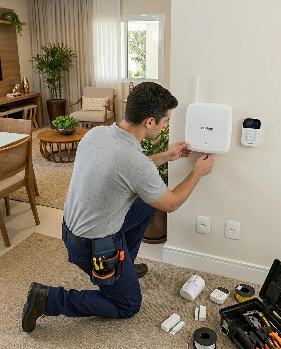 Técnico de Perímetros Pro instalando una central de alarma Intelbras con su teclado y sensores en una vivienda