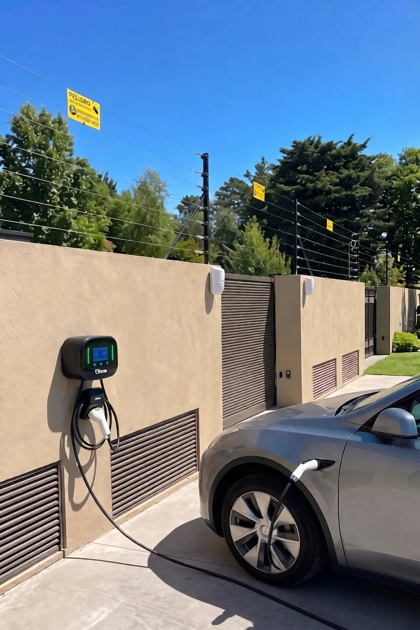 Cerco eléctrico sobre el muro y cargador de auto eléctrico cargando un auto, instalados por Perímetros Pro