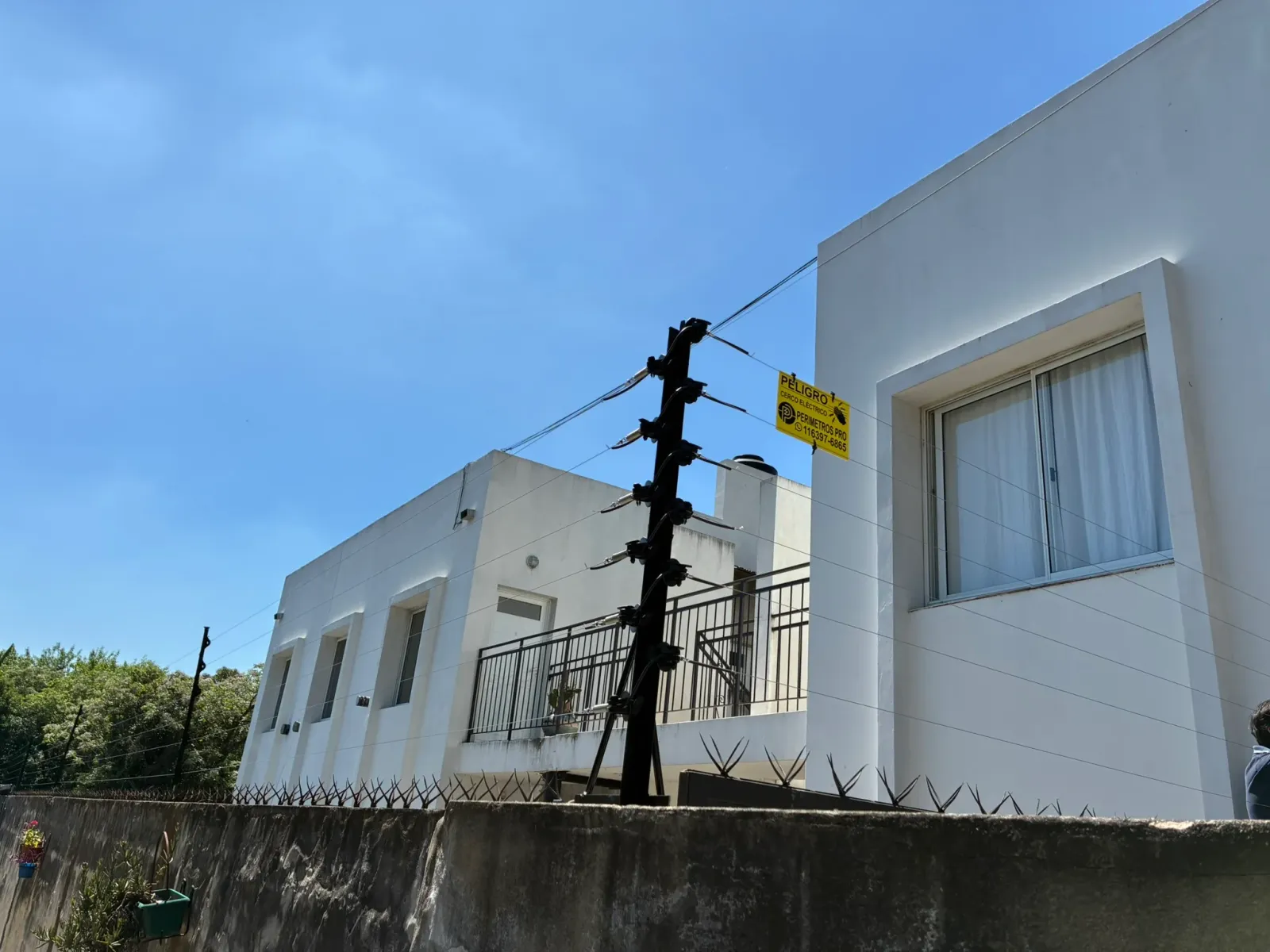 Cerco eléctrico sobre muro y pinches en el frente de una casa moderna
