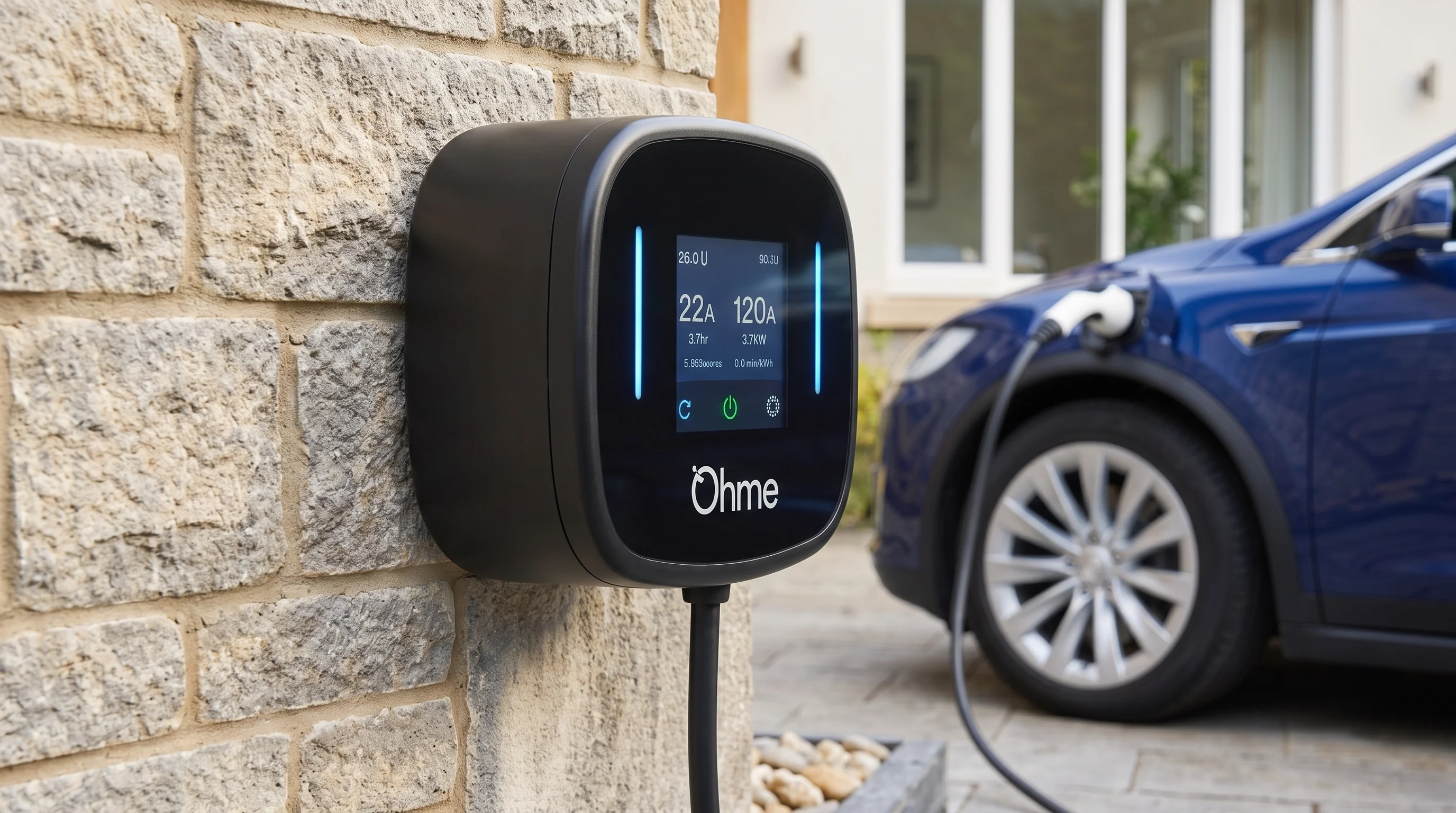 Cargador Ohme instalado en pared, con auto eléctrico cargando